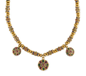 An Indian necklace, 22ct yellow gold and enamel set with emeralds, rubies and rose cut diamonds, 63 grams total