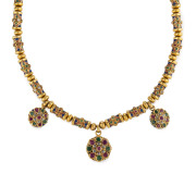 An Indian necklace, 22ct yellow gold and enamel set with emeralds, rubies and rose cut diamonds, 63 grams total