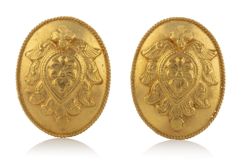 A pair of 22ct yellow gold earrings of oval form with floriate motif, 17.2 grams