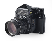 ASAHI KOGAKU: Asahi Pentax 6x7 SLR camera [#4123515] with prism meter top [#570733] and Super-Multi-Coated Takumar 6x7 105mm f2.4 lens [#8460313] with UV filter, cap, lens hood in maker's fitted black case. Unused.&nbsp; - 2