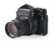 ASAHI KOGAKU: Asahi Pentax 6x7 SLR camera [#4123515] with prism meter top [#570733] and Super-Multi-Coated Takumar 6x7 105mm f2.4 lens [#8460313] with UV filter, cap, lens hood in maker's fitted black case. Unused.  - 2
