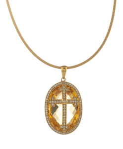 AN ITALIAN CITRINE AND DIAMOND CRUCIFIX PENDANDT, 18ct Yellow gold Figaro link necklace featuring a large straw coloured citrine caged in yellow gold and brilliant cut diamonds with crucifix, stamped "750 Italy", chain length 49cm