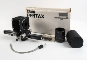 ASAHI PENTAX: Auto-Bellows for the Asahi Pentax 6x7 (with operating manual) plus a set of extension tubes in Pentax leather case. (2 items).