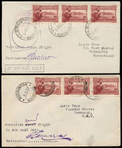 1 July 1927 (AAMC.106) Cloncurry - Normanton, cover flown by QANTAS & signed by the postmaster. [150 flown]. Also, 18 July 1927 (Re AAMC.107) Normanton - Cloncurry, flown Davis Bros. cover, with typed endorsement "Certified First Flight" changed to "2nd".