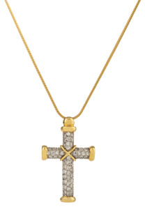 A DIAMOND AND GOLD CRUCIFIX ON CHAIN 18ct Yellow gold rounded crucfix pendant pave set in white gold with diamonds, total diamond weight 1.0ct (clarity SI), snake link chain with parrot clasp 41cm, 12 grams total,