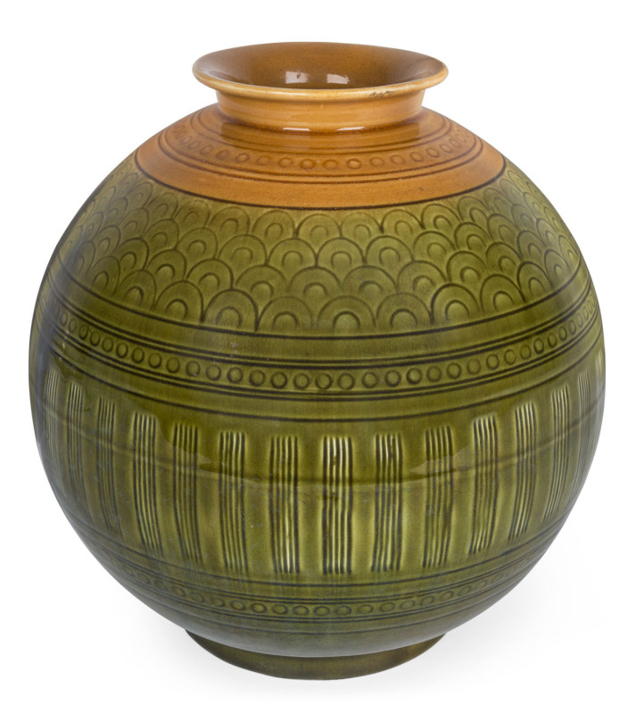 CHRISTOPHER DRESSER Linthorpe Pottery spherical vase, stamp and incised signature "Chr. Dresser, Linthorpe", ​24cm high