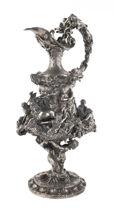 A French silvered bronze ewer depicting the marriage of Neptune and Amphitrite, 19th century, 42cm high