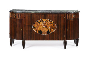 A French Art Deco sideboard, rosewood inlaid with ivory, ebony and mother of pearl with vert marble top, circa 1925, 100cm high, 194cm wide, 59cm deep