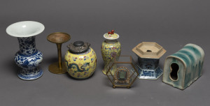 Assorted Chinese ceramics, jade ornament, display case and stand, the tallest 21cm