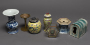 Assorted Chinese ceramics, jade ornament, display case and stand, ​the tallest 21cm