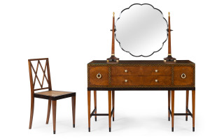 C. A. RICHTER Designed Art Deco dressing table and chair, amboyna, walnut, mogador, mother of pearl and ivory, circa 1927, manufatured by Bath Artcraft Limited and retailed by Waring & Gillows. Illustrated in "The Studio Year Book Of Decorative Arts, 1927", page 113. 148cm, 118cm wide, 57cm deep