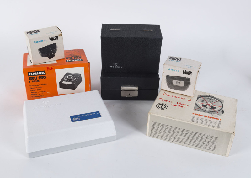 GOSSEN LIGHTMETERS and attachments comprising a Lunasix 3, as Sixticolor, two Sixtron Electronics, a Microsix-L, etc., mostly in maker's boxes. 