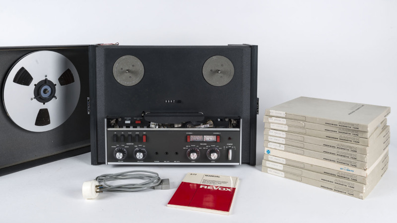 SOUND RECORDING: A Revox A77 2-track tape recorder together with 10 AMPEX tapes (of which 9 are new in box). With instruction manual.