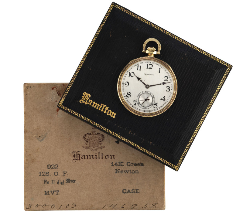 HAMILTON WATCH COMPANY Gent's openface pocket watch in original plush fitted box with silk advertising, plus outer cardboard box,  