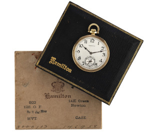 HAMILTON WATCH COMPANY Gent's openface pocket watch in original plush fitted box with silk advertising, plus outer cardboard box,
