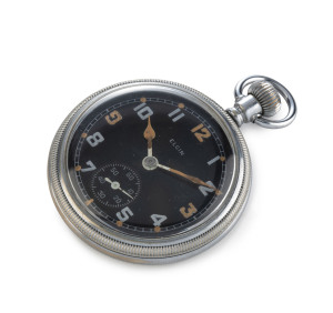ELGIN NATIONAL WATCH COMPANY British WW2 military pocket watch with black dial and stainless steel case