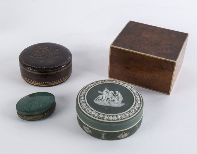 A satinwood and ivory box with label "BOYES BASSETT & Co. SHANGHAI", a Georgian shagreen oval case, an embossed leather box and a Wedgwood porcelain jewellery box, 19th and 20th century, the largest 7cm high, 11.5cm wide, 10.5cm deep