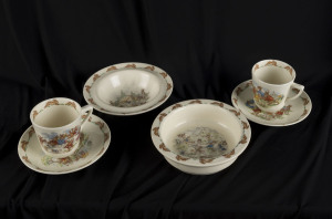 Royal Doulton bunnykins (2) bowls and two cups and saucers, 20th century, bowls 16cm diameter