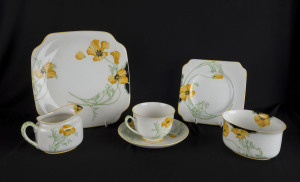 ROYAL DOULTON "Helena" 21 piece Art Deco porcelain teaset, stamped "Royal Doulton England, Made In England, Helena", the plate 21cm across