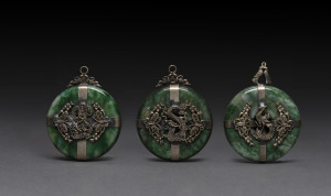 Three Chinese silver and jade bead or pendant ornaments, early 20th century, 6.5cm high
