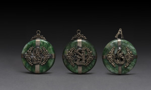 Three Chinese silver and jade bead or pendant ornaments, early 20th century, ​6.5cm high