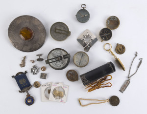 Assorted pocket compasses, large kilt pin, medals, medallions, jewellery and studs