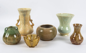 Five assorted vintage pottery vases including John Campbell and Bendigo Pottery, plus an art glass vase, 20th century, the tallest 24.5cm high