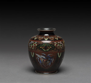 A Japanese cloisonne vase with silver wire, Meiji period, stamped on the base "CLOISONNE", 9cm high