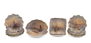 ROYAL DOULTON Venitian scenes dessert service, each piece handpainted, titled verso and signed by JOHN HUGH PLANT, includes a pair of oval serving dishes, pair of square serving dishes and 12 plates, early 20th century, stamped "Royal Doulton, England", plates 22.5cm diameter