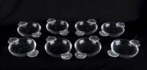 LALIQUE "Honfleur" set of eight French glass bowls, engraved "Lalique, France", 15cm across the handles