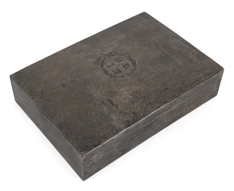 A sterling silver box, stamped "925", with pictorial mark, 20th century, ​15cm across