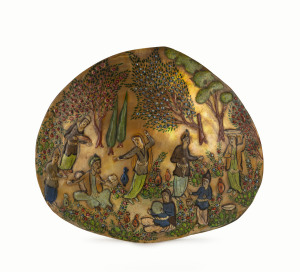 An antique Persian miniature on carved and painted pearl shell, 19th century, 13 x 15cm