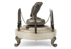 Desk bell ornament, nickel and alabaster, presented to "Maj. Gen. Syed Wajahat Hussain Commandent - Command & Staff College By M.S. Khan S.I.D.J. 1976", 16cm high