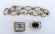 A 9ct gold bracelet 10.6 grams, an 18ct gold and aquamarine pendant set with diamonds; plus a 9ct gold and garnet clasp set with seed pearls, (3 items)