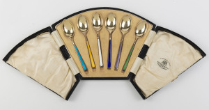 Set of six tea spoons, enamel and sterling silver by The Goldsmiths and Silversmiths Company, London, in original fitted box