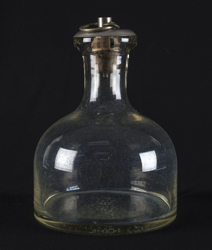 New South Wales Transport Department glass bottle with nickel plated lid, acid etched "N.S.W.T.D.", 19th century, 23cm high