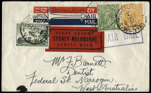 1 Jan.1930 (AAMC.148,149) Sydney - Brisbane flown cover for the newly established ANA Ltd., addressed to WA, with 2 tied vignettes incl. "FIRST FLIGHT/SYDNEY - MELBOURNE/AERIAL MAIL" (Frommer.30a) and cachet "1st Flight Australian National Airways Melb." 