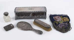 A jewellery casket, beadwork purse, vanity ware and cigarette case, silver and silver plate, 19th and early 20th century, the casket 31cm across
