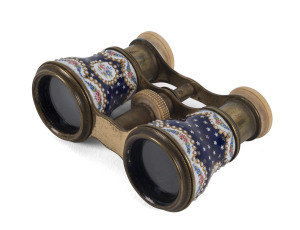 A fine pair of French enamel opera glasses with ivory fittings, in original leather case, 19th century, 11cm across