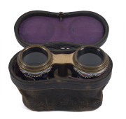 A fine pair of French enamel opera glasses with ivory fittings, in original leather case, 19th century, ​11cm across - 2