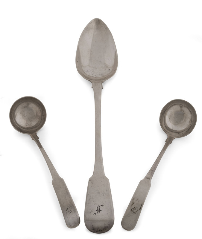 A Georgian sterling silver baisting spoon (29cm long) by John Lambe of London, circa 1817; together with a pair of Scottish sterling silver ladles made in Edinburgh, circa 1815, 158 grams total