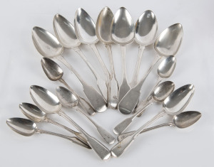 Collection of 16 assorted English and Irish Georgian sterling silver spoons including a set of 6 table spoons by Sarah & John William Blake of London, circa 1815, 740 grams total