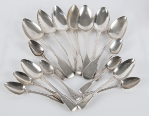 Collection of 16 assorted English and Irish Georgian sterling silver spoons including a set of 6 table spoons by Sarah & John William Blake of London, circa 1815, ​740 grams total