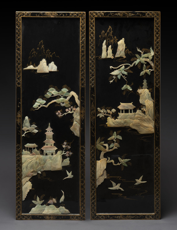 A pair of Chinese lacquered panels, 20th century, 89 x 31cm each