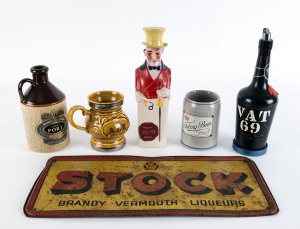 BAR WARE Collection of assorted vintage tins, whisky jugs, tin sign etc