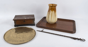 Cornwells Australian pottery vase (signed), brass tray, wooden tray, Chinese timber box and an iron fire poker, the vase 30cm