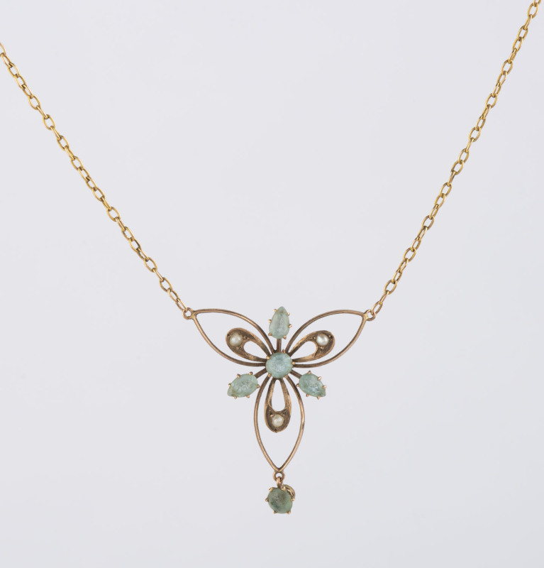 An Edwardian necklace, 9ct gold set with aquamarines and seed pearls, early 20th century,