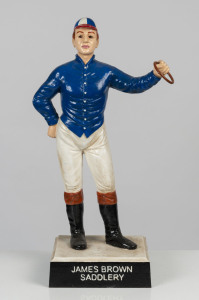 JAMES BROWN SADDLERY Blue painted cast iron jockey hitching post, 20th century, 75cm high