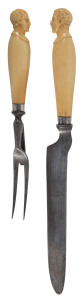 DUKE OF WELLINGTON Carving set with ivory handles carved with bust portraits of the Duke, English, mid 19th century, the knife 40.5cm long