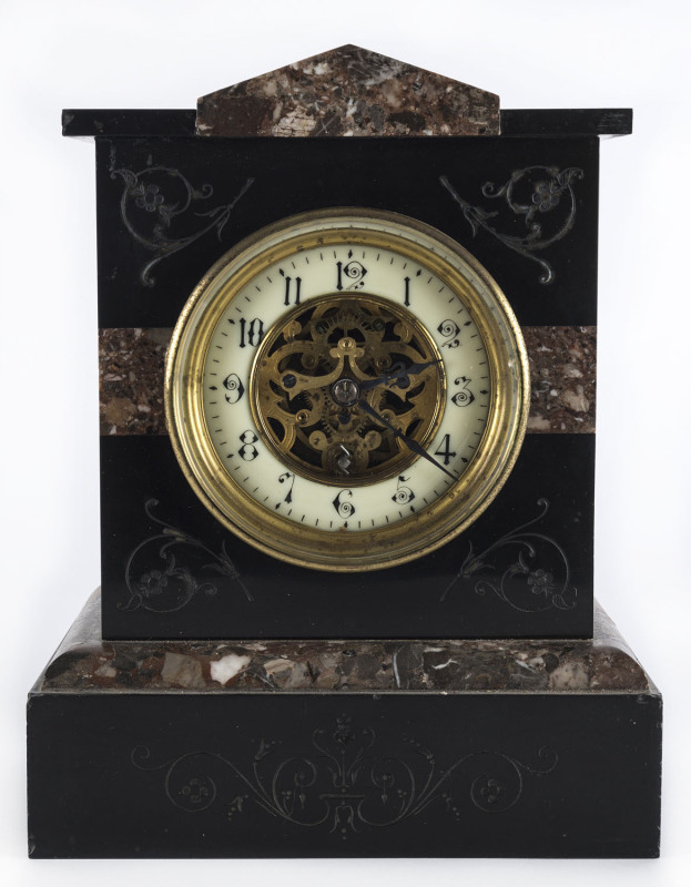 An antique mantle clock with black slate and rouge marble case, 19th century, ​27cm high